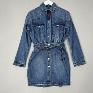 Nichole Lynel Womens Shirt Dress Small Blue Denim Buckle Belted Western‎ Cowboy